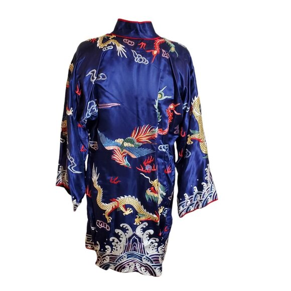 Vintage Handmade Unisex Chinese Silk Kimono Jacket Blouse Robe Royal Blue Sz O/S - Picture 7 of 9